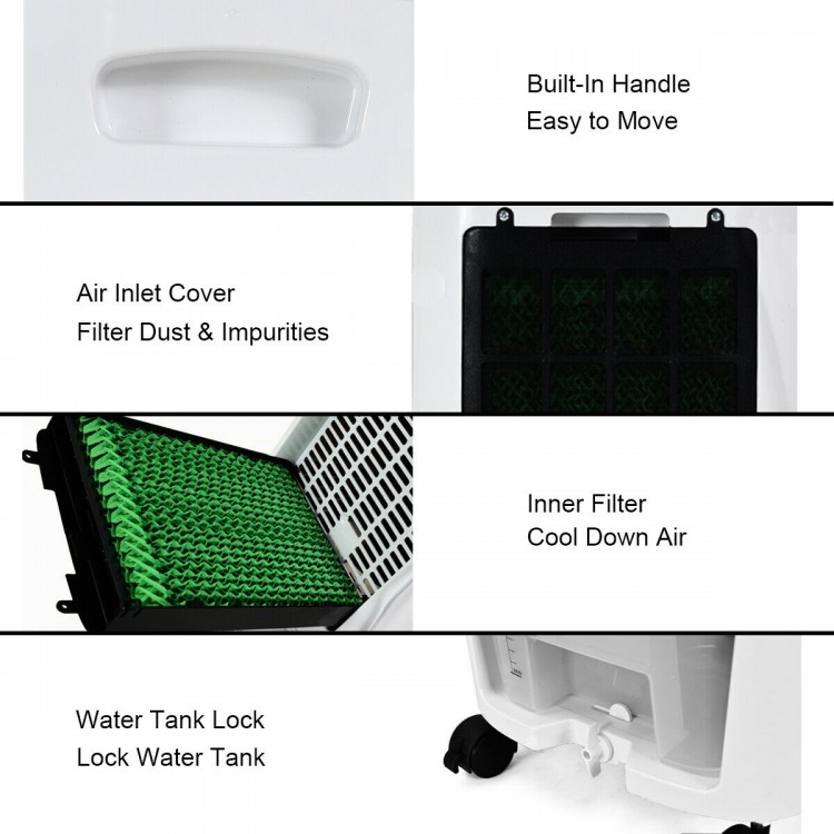 Built-in handle and universal wheels for easy movement of the Evaporative Portable Air Cooler with remote control.
