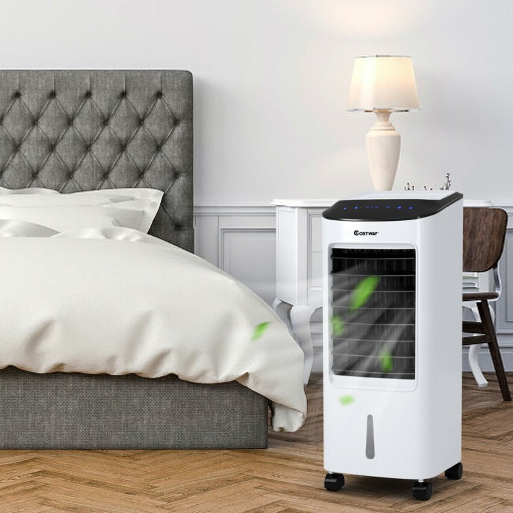 Portable evaporative air cooler fan with remote control, compact design for home and office, providing cool, moist air.