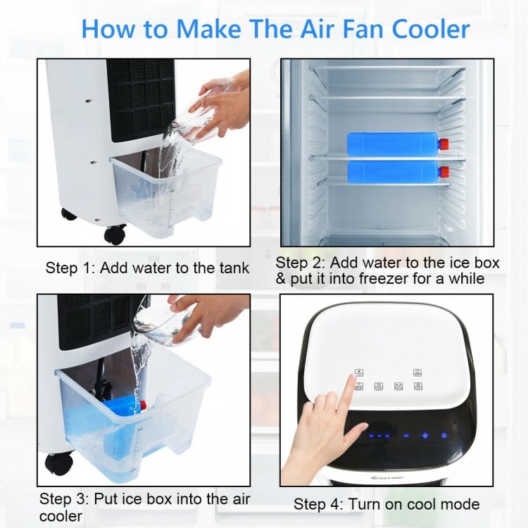 Evaporative portable air cooler fan with remote control, showing water tank filling step for home and office use.