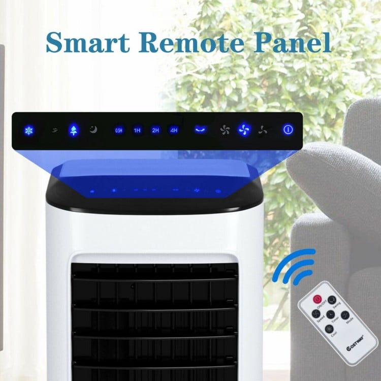 Top view of the Evaporative Portable Air Cooler Fan with remote control, featuring a smart touch panel for easy.
