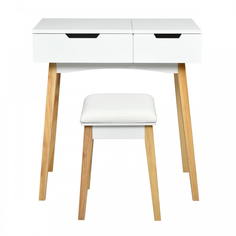 Cushioned stool with premium sponge filling and solid wood legs, designed for comfort and stability in vanity setups.