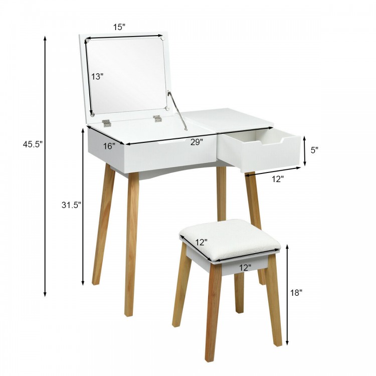 Wooden vanity table with flip top mirror, cushioned stool, and spacious storage for elegant makeup or writing use.