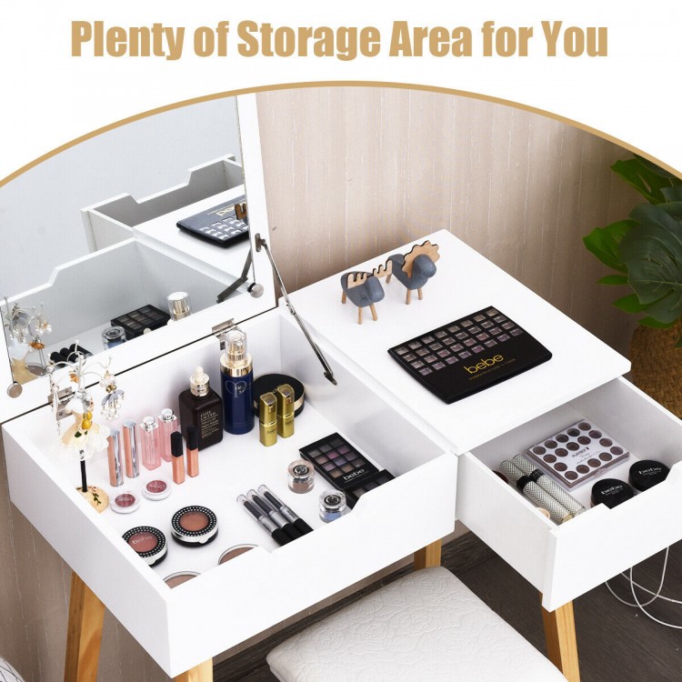 Wooden vanity table with flip top mirror and cushioned stool, featuring ample storage and a chic, elegant design.