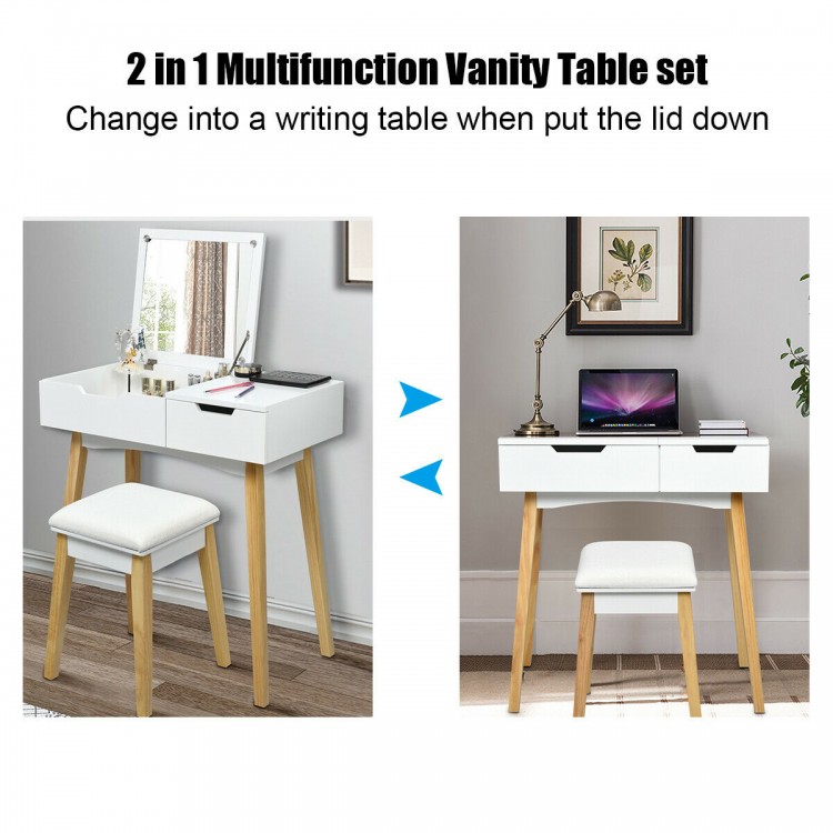 Wooden vanity table with flip top mirror and cushioned stool, versatile design for makeup or writing desk use.