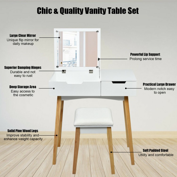 Wooden vanity table with flip top mirror, cushioned stool, and large storage space for elegant makeup organization.