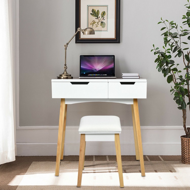 Wooden vanity table with flip top mirror, cushioned stool, and storage drawers for stylish and functional use.