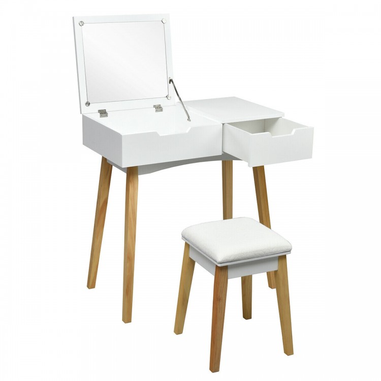 Wooden vanity table with flip top mirror, cushioned stool, and sturdy solid wood legs for stylish storage and comfort.