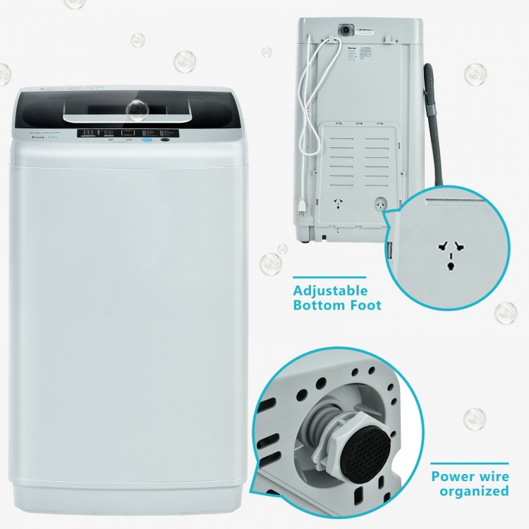 Portable 8.8 lbs washing machine with adjustable foot, LED display, and drain pump, ideal for dorms and apartments.