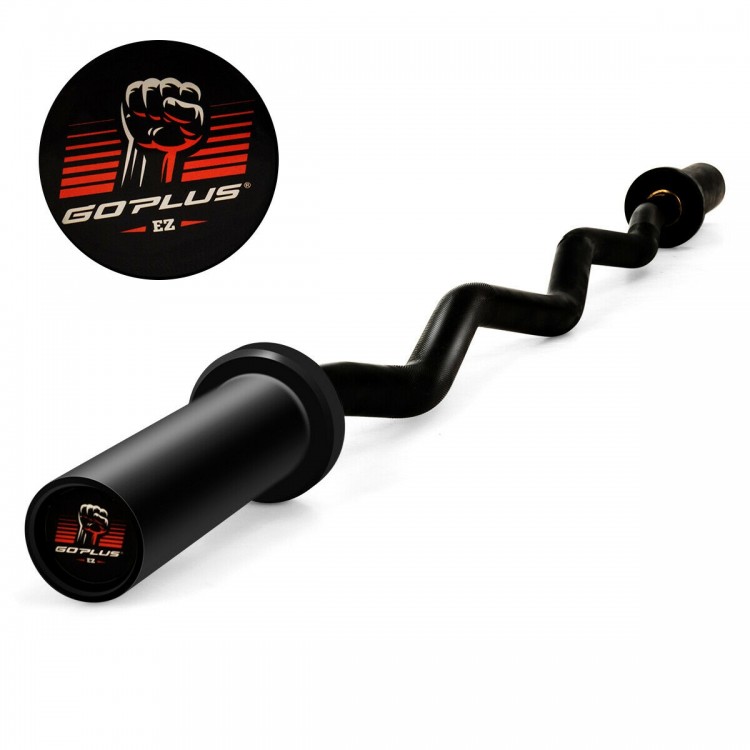 Curved 48-inch phosphate steel fitness bar with knurled handles for grip, ideal for bench presses and bicep curls.