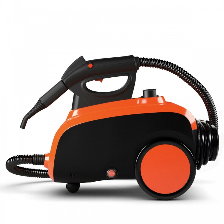 Heavy duty household steam cleaner in black and orange with wheels, featuring 18 accessories for versatile cleaning.