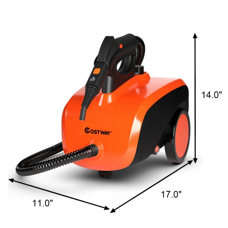 Heavy duty household steam cleaner in orange and black, featuring a 1.5L tank and 18 accessories for versatile cleaning.