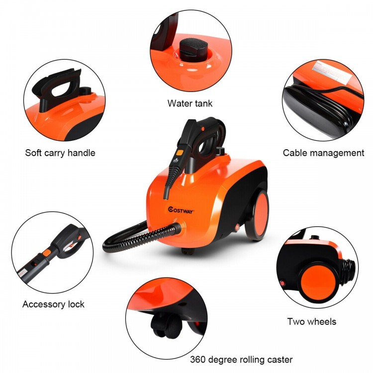 Heavy duty household steam cleaner with 1.5L water tank, 18 accessories, and rolling caster for easy mobility.