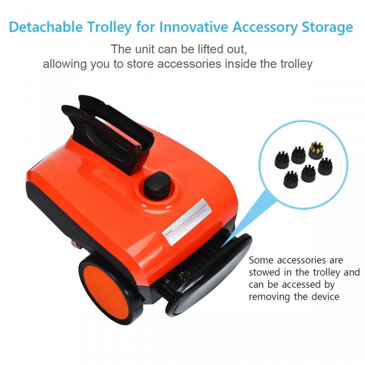 Heavy duty household steam cleaner with detachable trolley and 18 accessories for versatile cleaning solutions.