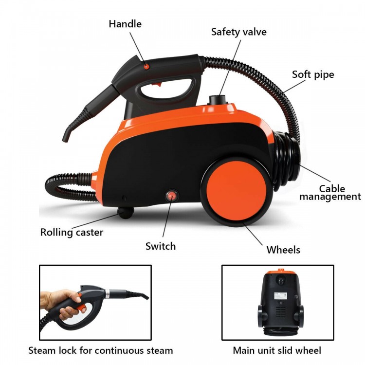 Heavy duty household steam cleaner with rolling casters, safety valve, and 18 accessories for versatile cleaning.
