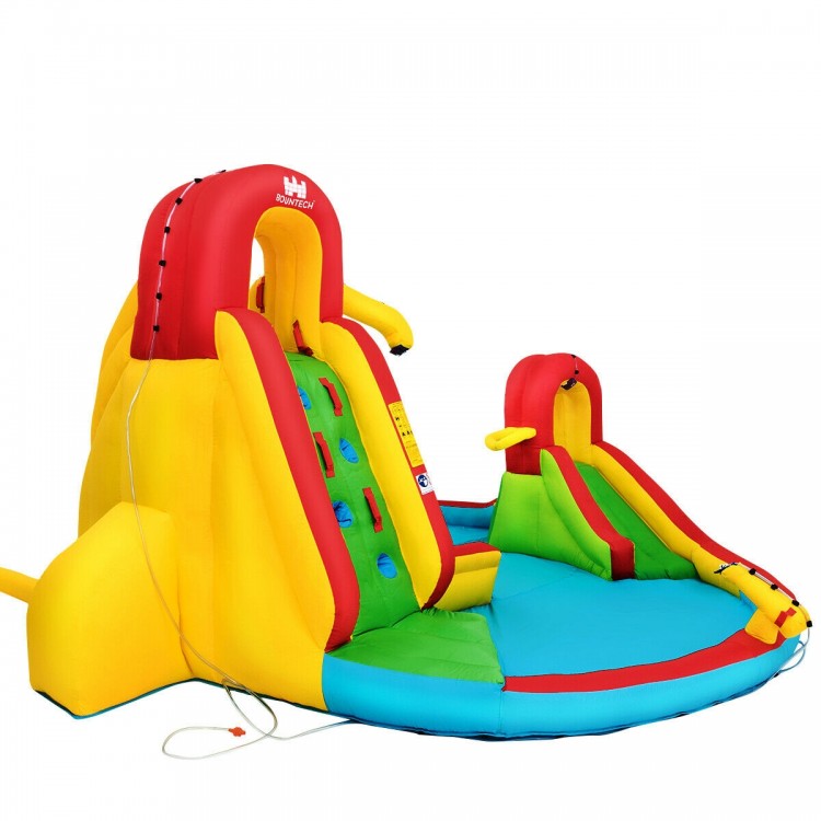 Side view of the kid's inflatable water slide bounce house with climbing wall, featuring vibrant colors and splash pool.