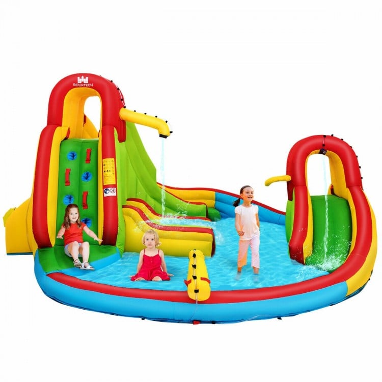 Brightly colored inflatable water slide bounce house with climbing wall and splash pool for kids aged 3-10 years.