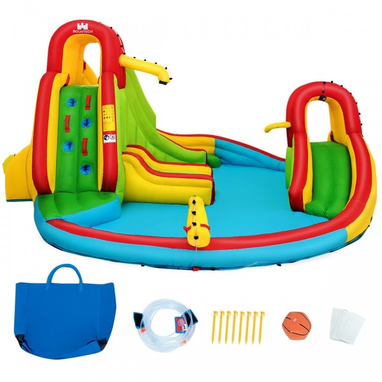 Kid's inflatable water slide bounce house with climbing wall and pool, made of durable oxford cloth, ideal for summer.