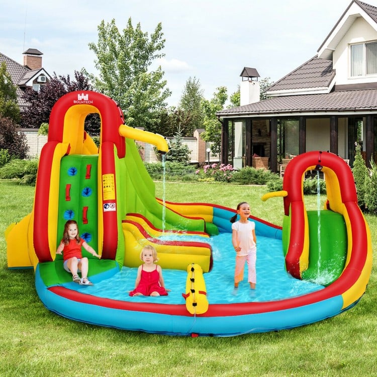 Colorful kid's inflatable water slide bounce house with climbing wall and splash pool for outdoor summer fun.
