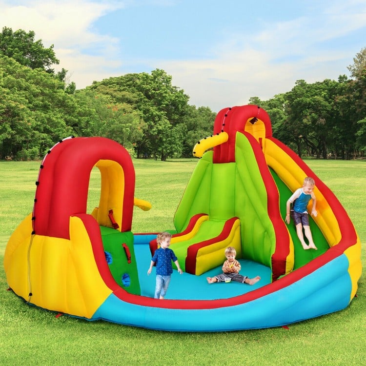 Kid's inflatable water slide bounce house with climbing wall and splash pool, perfect for outdoor summer fun.