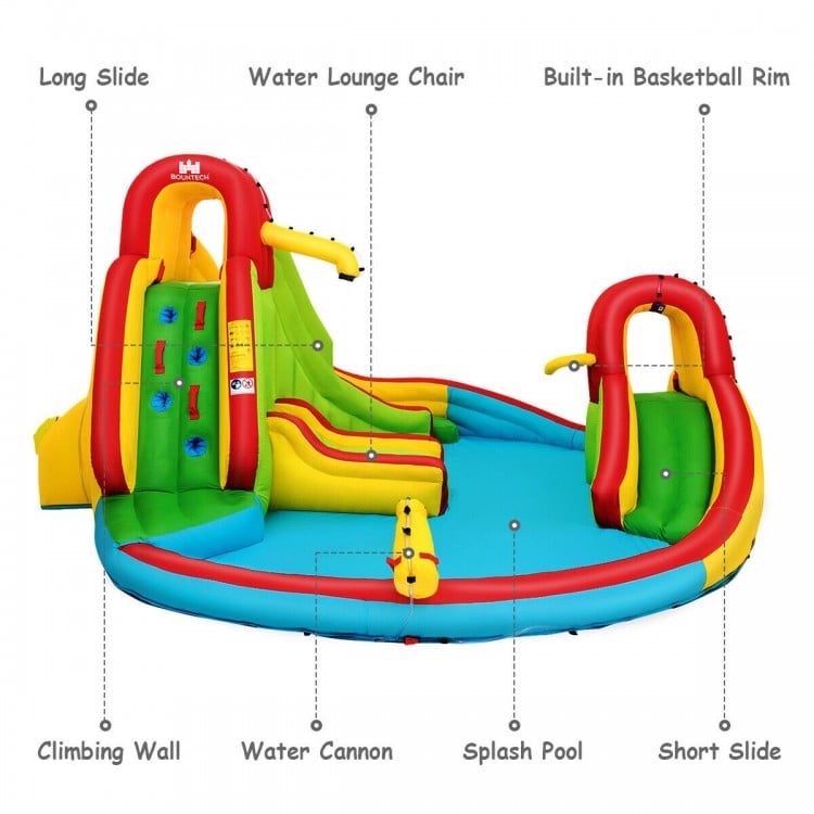Kid's inflatable water slide bounce house featuring a climbing wall, splash pool, and multiple slides for outdoor fun.