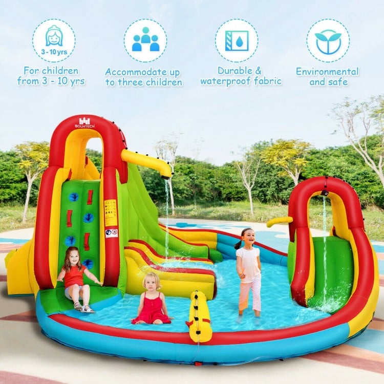 Kid's inflatable water slide bounce house with climbing wall and splash pool, suitable for 3-10 years, durable fabric.