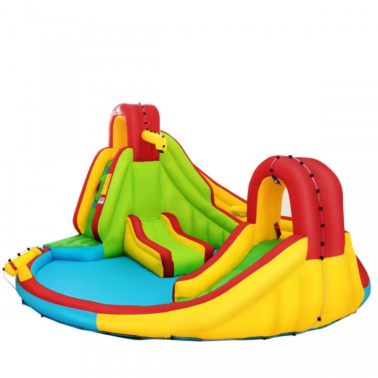 Kid's inflatable water slide bounce house featuring a climbing wall, splash pool, and vibrant colors for outdoor fun.