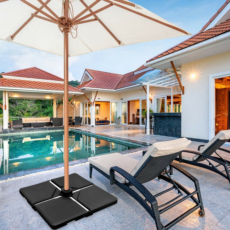 Square fillable patio umbrella base set with handle, made of durable PE plastic, perfect for outdoor stability.