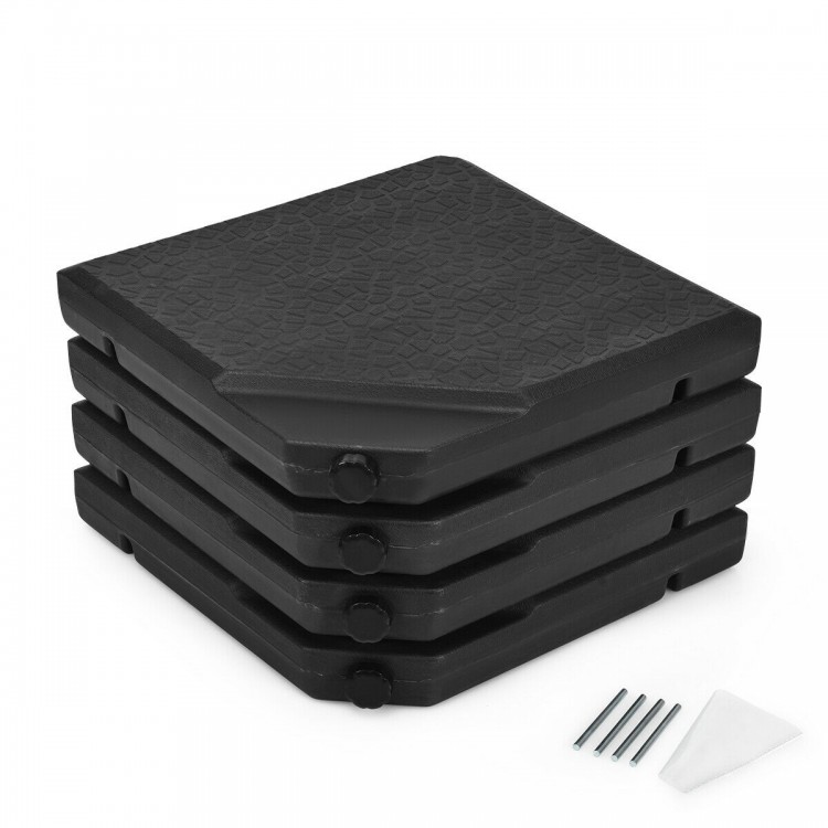 Four-piece square fillable patio umbrella base set in black, made of durable PE plastic for outdoor stability.