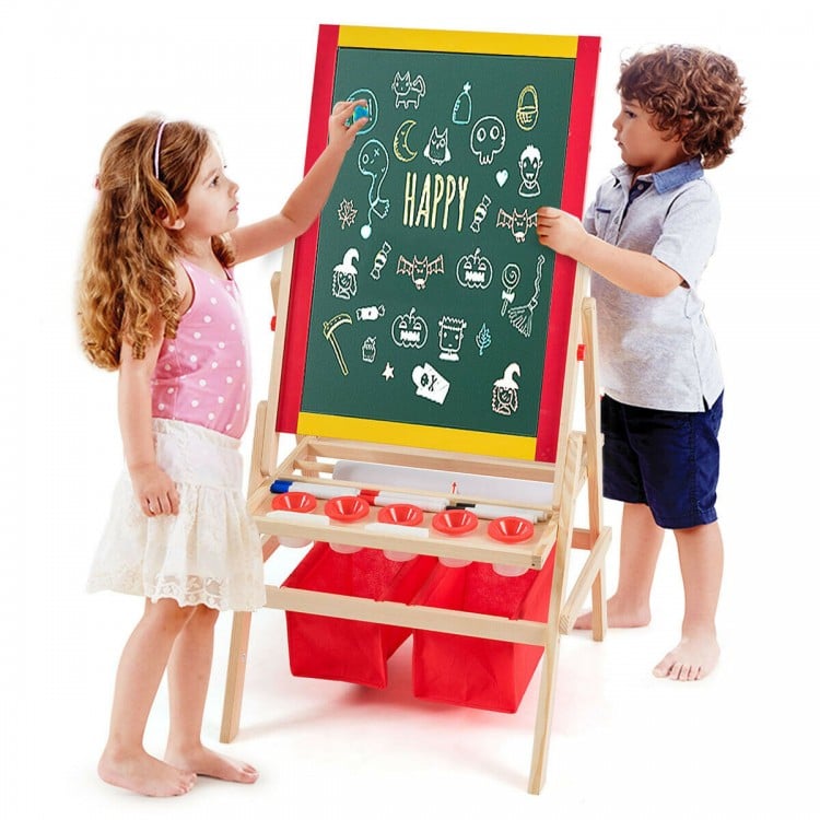 Double-sided kids art easel with magnetic blackboard and whiteboard, featuring storage trays and drawing paper for.