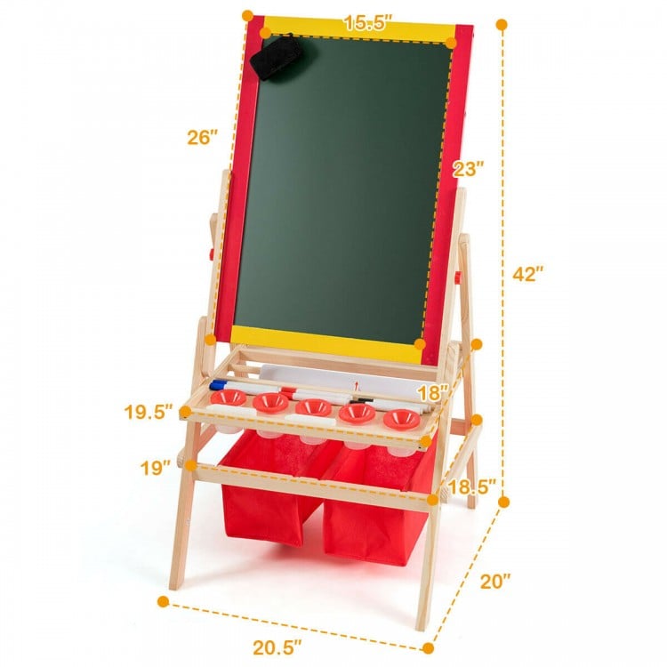 Double-sided kids art easel with magnetic blackboard and whiteboard, featuring storage trays and drawing paper roll.