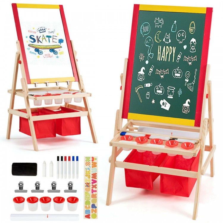 Double-sided kids art easel with magnetic blackboard and whiteboard, includes storage trays and art accessories for.