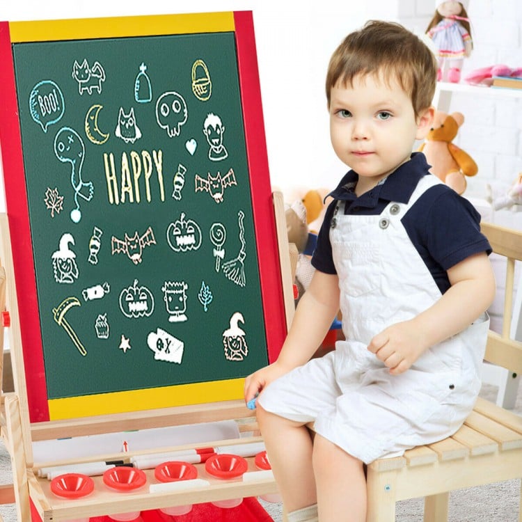 Double-sided kids art easel with magnetic blackboard and whiteboard, perfect for creative play and imagination.
