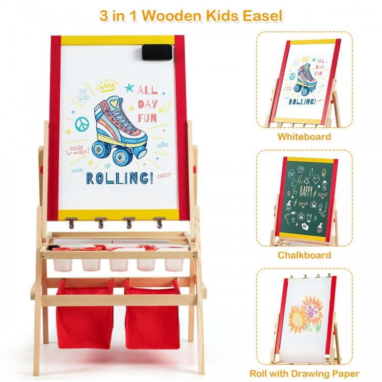 Wooden kids art easel featuring a double-sided blackboard and whiteboard, with storage trays and a drawing paper roll.