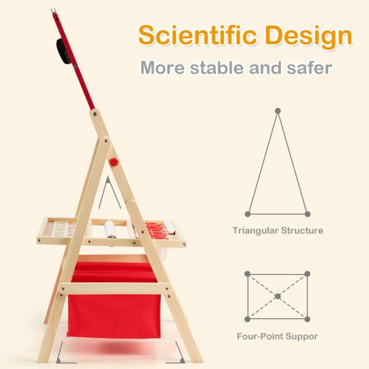 Side view of the Flip-Over Double-Sided Kids Art Easel featuring a stable triangular structure and red storage bag.
