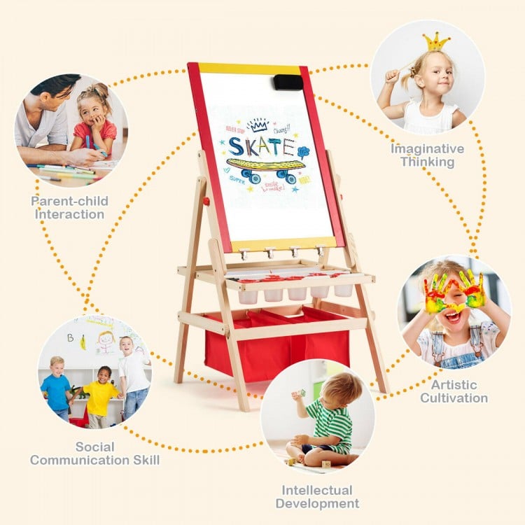 Double-sided kids art easel with magnetic blackboard and paper roll, promoting creativity and social interaction for.