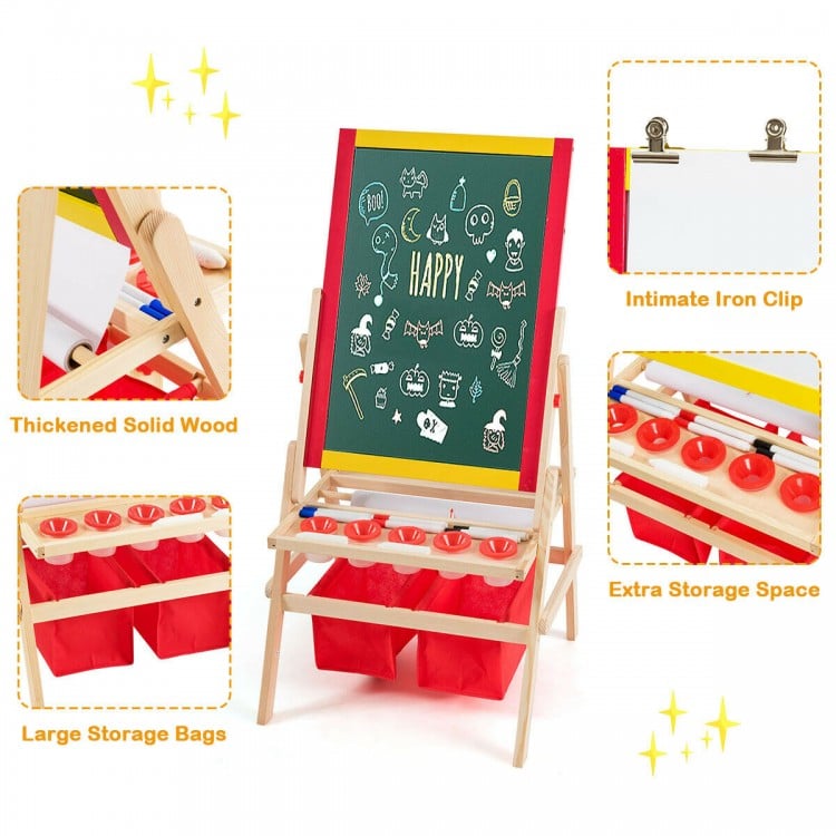 Double-sided kids art easel made of solid pine wood with storage bags, magnetic board, and drawing paper roll for.