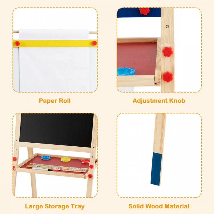 Height adjustable kid's art easel featuring a double-sided whiteboard, chalkboard, and large storage tray for creative.
