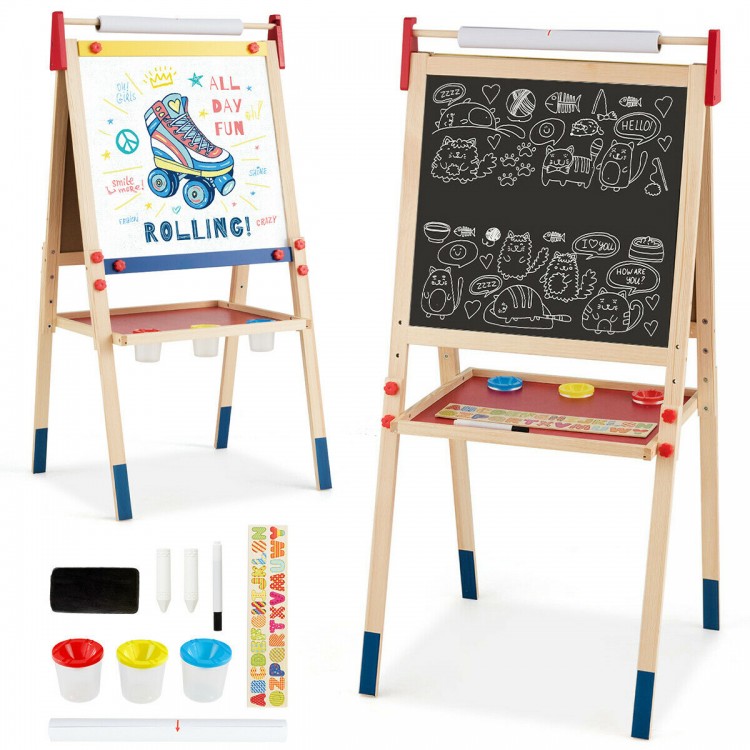 Height adjustable kid's art easel with double-sided whiteboard and chalkboard, includes magnetic stickers and paint.