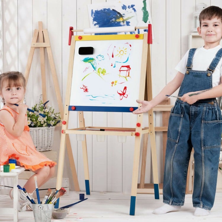 Height adjustable wooden kid's art easel with double-sided boards, magnetic stickers, and accessories for creative play.