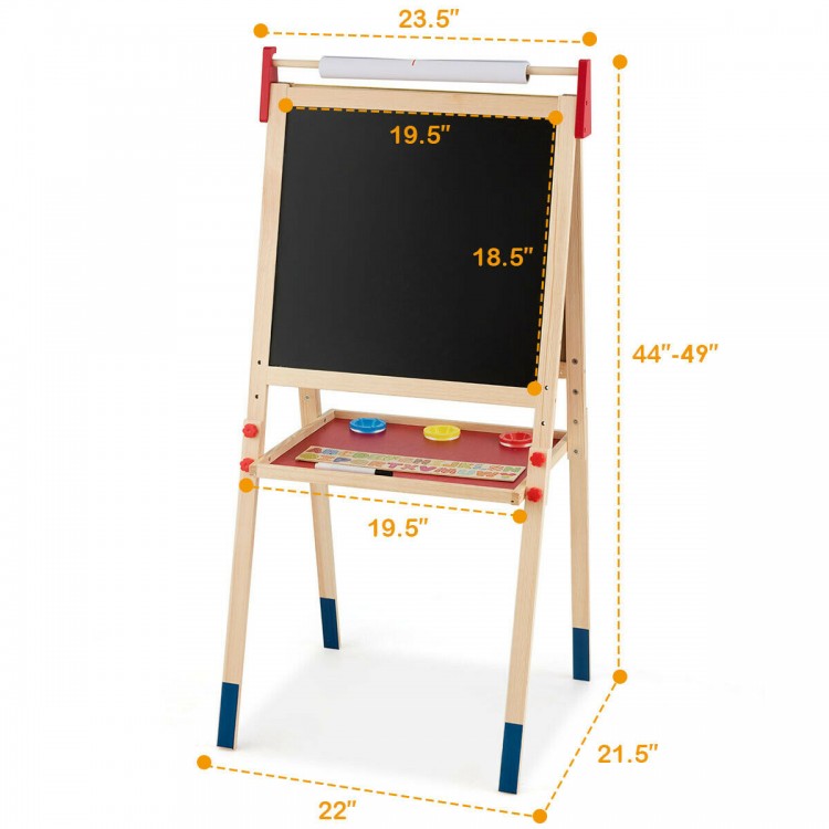 Height adjustable wooden kid's art easel with double-sided chalkboard and whiteboard, includes magnetic stickers and.