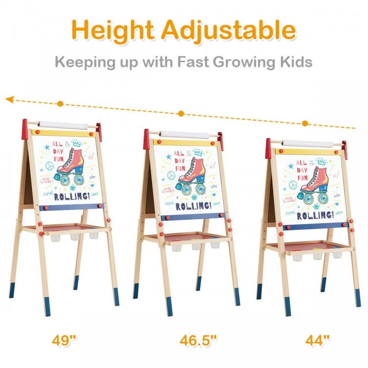 Height adjustable wooden art easel for kids, featuring a double-sided board and 26 magnetic stickers for creative play.