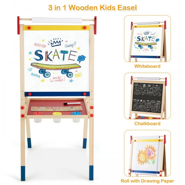 3-in-1 wooden kids' easel with adjustable height, featuring a whiteboard, chalkboard, and drawing paper roll for.