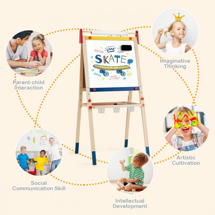 Height adjustable wooden kid's art easel with double-sided whiteboard and chalkboard, perfect for imaginative play and.