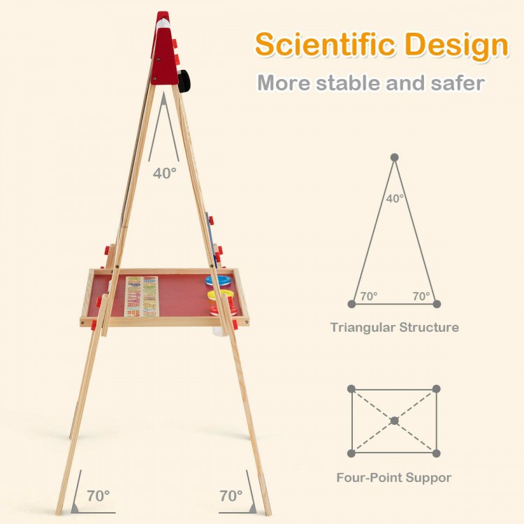 Height adjustable kid's art easel with double-sided whiteboard, stable triangular structure, and included magnetic.