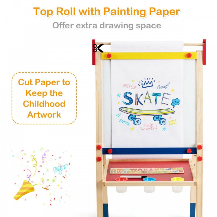 Height adjustable kid's art easel with paper roll, double-sided boards, and magnetic stickers for creative play.