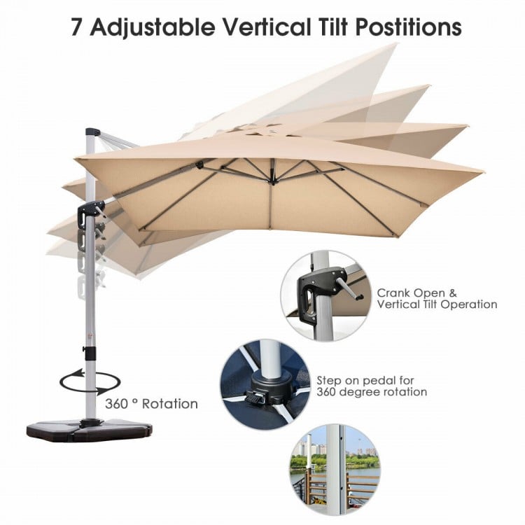 10 ft 360 Degree Tilt Aluminum Square Patio Offset Cantilever Umbrella without Weight Base-BeigeCostway Gallery View 9 of 12