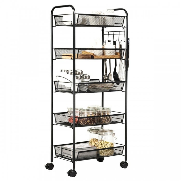 5-tier black mesh rolling utility cart with spacious shelves and lockable wheels, ideal for home or office organization.
