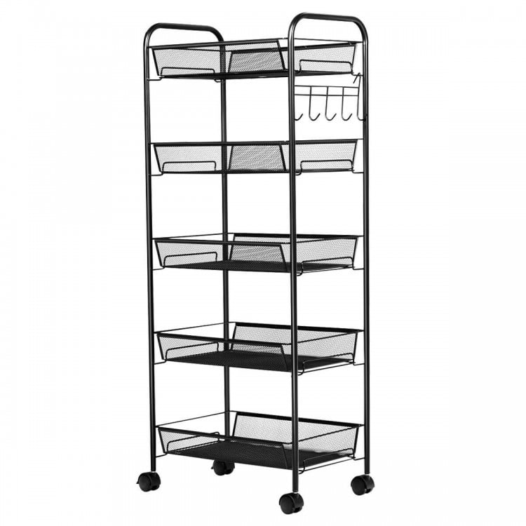 Detail shot of the 5-tier black mesh rolling cart showcasing spacious shelves and durable iron frame for versatile.