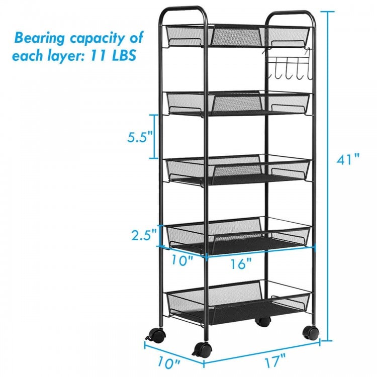 5-tier mesh rolling utility cart in black with spacious shelves and lockable wheels, ideal for home or office.