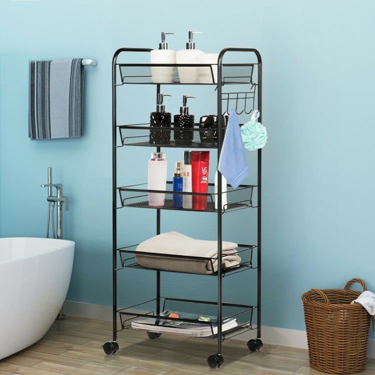 5-tier black mesh rolling utility cart with spacious shelves and lockable wheels, ideal for organizing items in any.